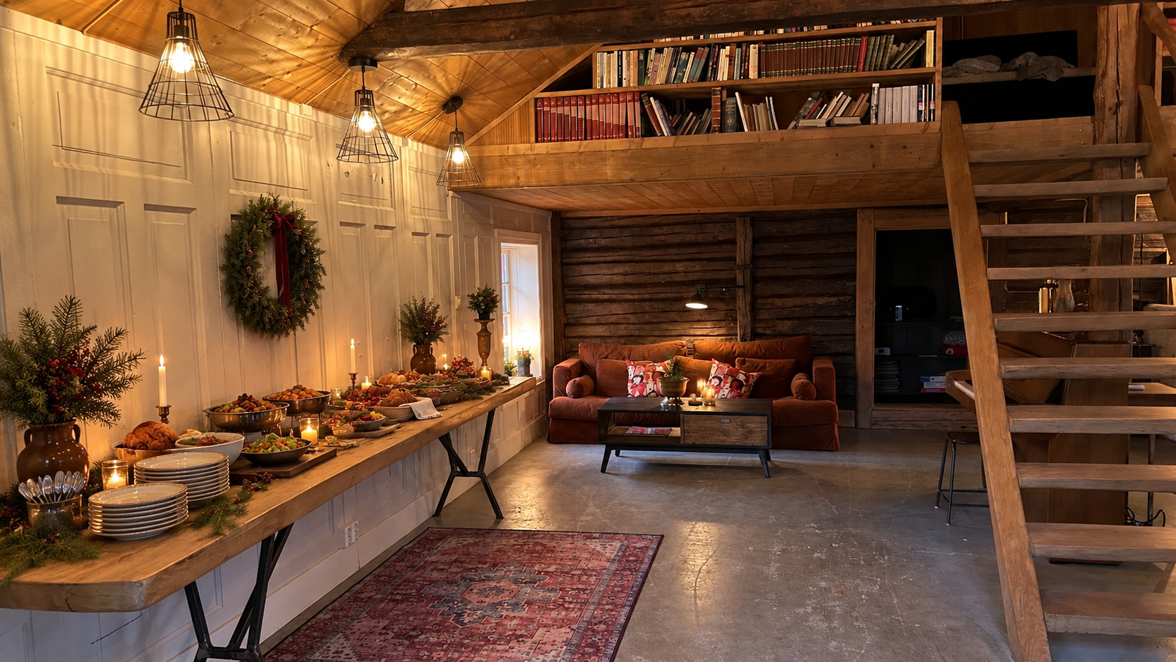 Buffetbord i Fjøset med julegrønt, levende lys og sofa ved tretrappen