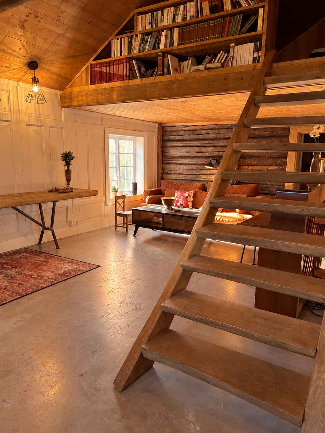 Loftstue i Fjøset med tretrapp, bokhylle og sofa